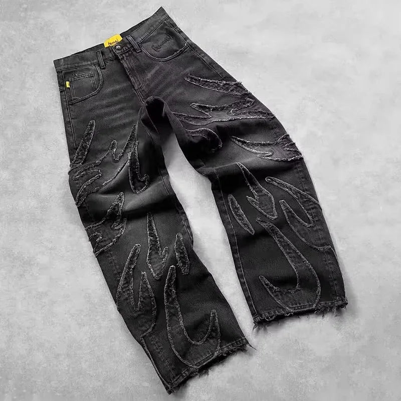 2025 Y2k Hip Hop Baggy Jeans Men's Street Fashion Raw Edge Embroidered Jeans Street Gothic Retro High Waisted Wide Leg Trousers