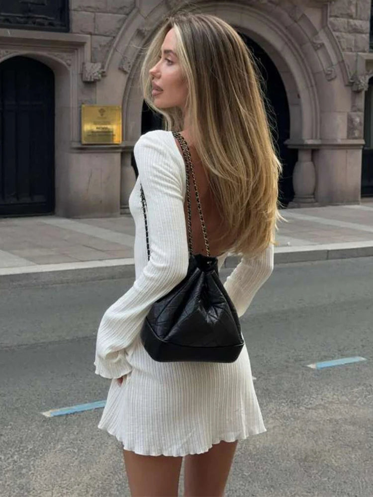 Macheda Y2K Style Mini Dress Women Autumn New Trend o-Neck Full Sleeve Backless Street Casual Fashion Ruched Elegant Clothing