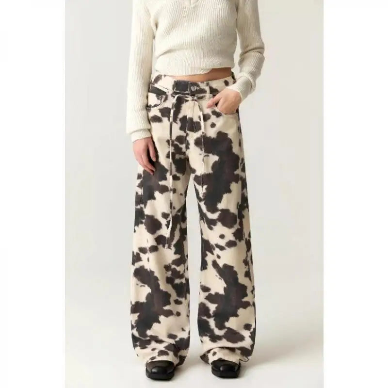 Vintage Cow Print Women's Jeans Y2K Washed Wide Leg Baggy Jeans Woman American Style Fashion Unisex Baggy Streetwear Denim Pants