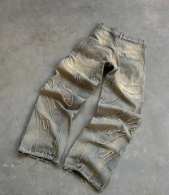 2025 Y2k Hip Hop Baggy Jeans for Men Distressed Retro Black Pants Embroidery Harajuku Gothic Wide Leg Trousers Streetwear Pants