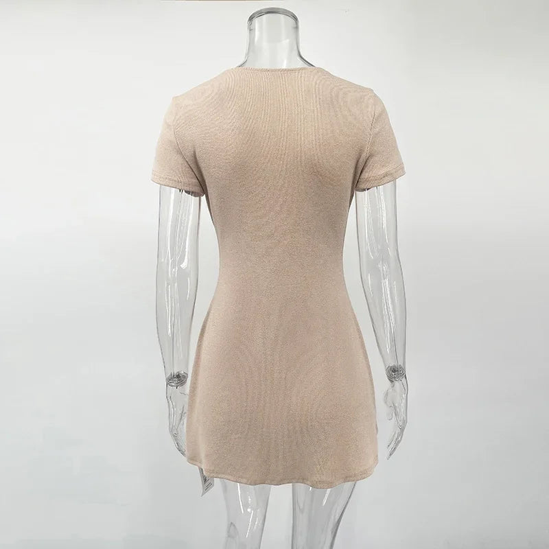 TARUXY Knitted Mini Dress Female 2025 Summer New Elegant V Neck Buttons Short Sleeve Dress High Elasticity Casual Women's Dress