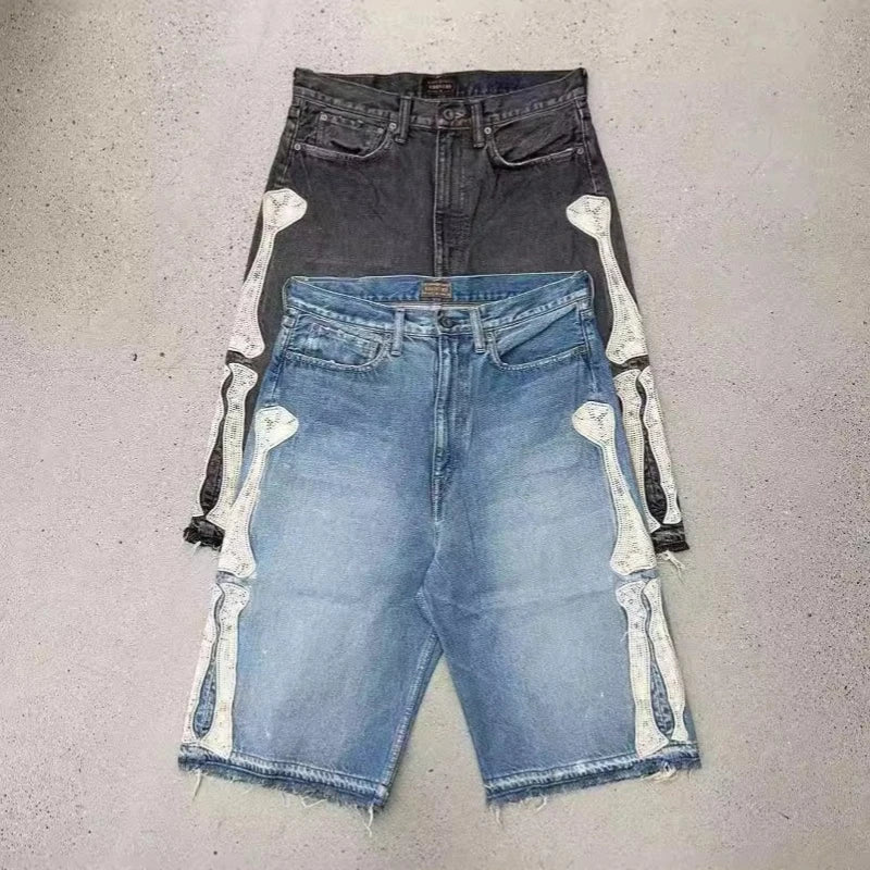 Deeptown Y2k Vintage Harajuku Denim Shorts Women Washed Patchwork Tassels American Retro Jeans Man Baggy Hip Hop Jorts Summer