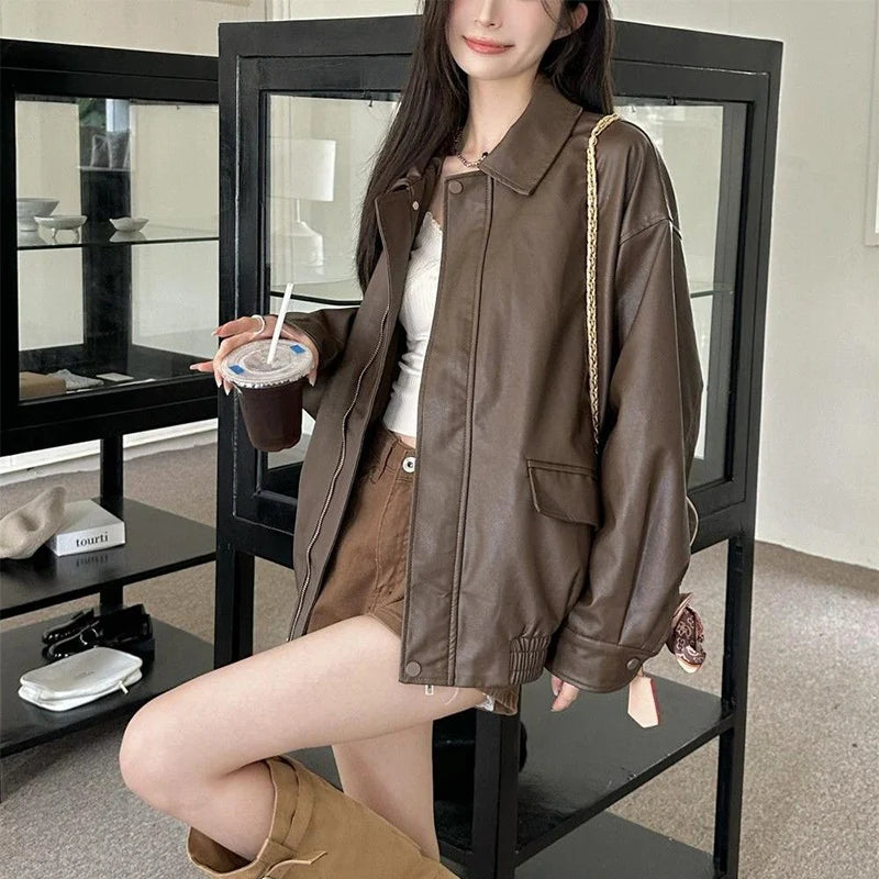 New American Retro Faux Leather Jacket Women Autumn Y2K Long Sleeve Pu Jackets Woman Stylish Loose Zipper Moto Biker Coats Mujer