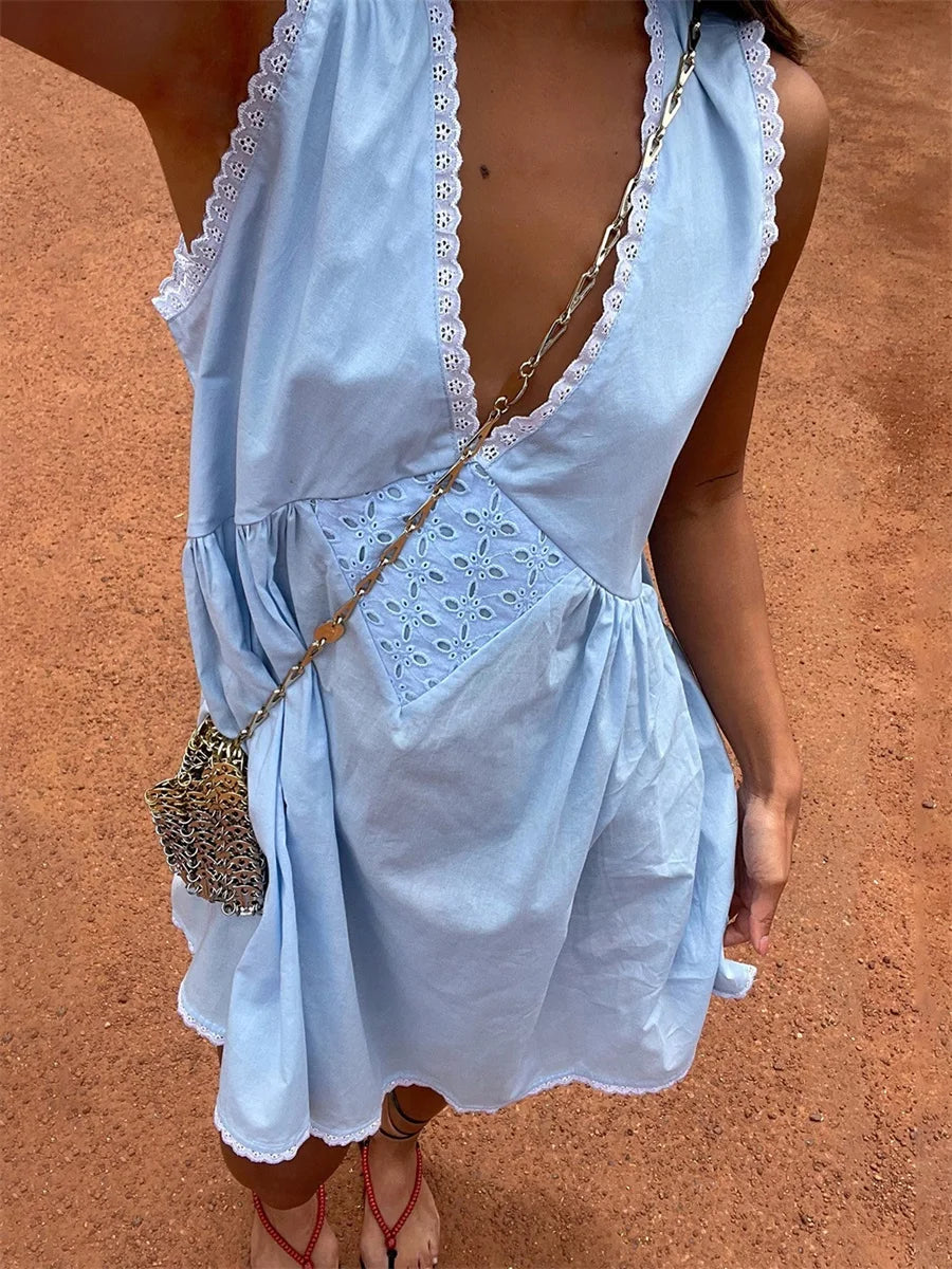 Y2k Coquette Mini Dress Women Lace Slips Low Neck Free Sleeveless Tank Flowy Boho Sundresses People Dupes 00s Vintage Clothes