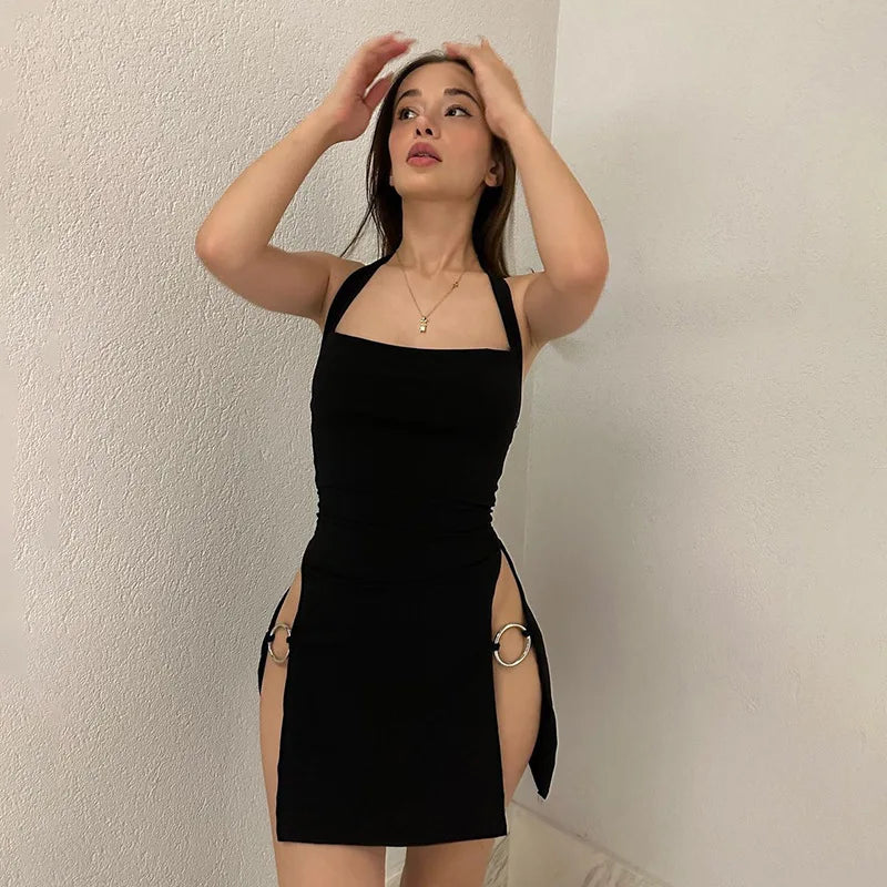 Y2k Black Spaghetti Strap Mini Robe Dress Women Backless Sexy Party Thigh Slit Slim Suspender Skirts 2024 Summer Evening Dresses