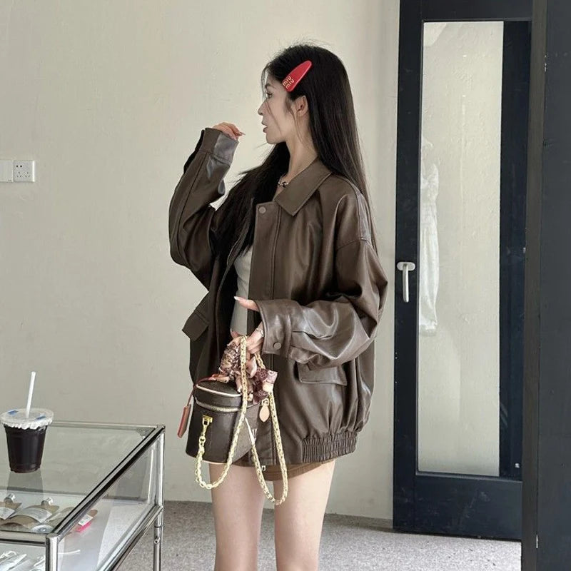 New American Retro Faux Leather Jacket Women Autumn Y2K Long Sleeve Pu Jackets Woman Stylish Loose Zipper Moto Biker Coats Mujer