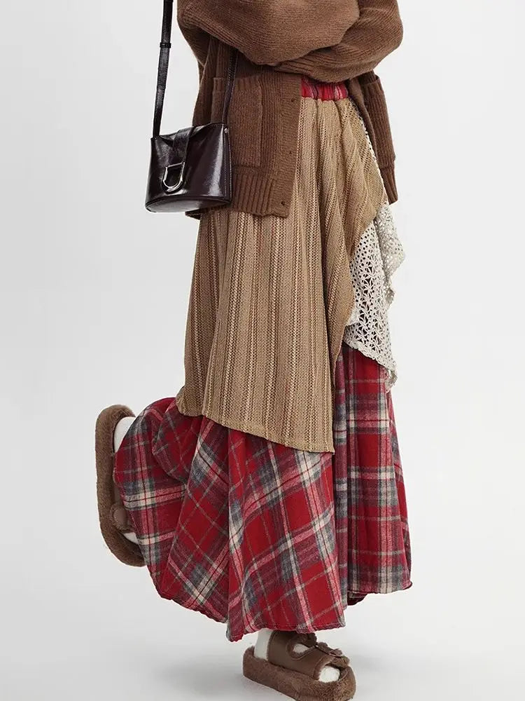 Y2k Skirts Women Clothing 2025 Faldas Mujer De Moda Contrast Color A-line Jupe Fashion Korean Saia Lace Plaid Casual Long Skirt