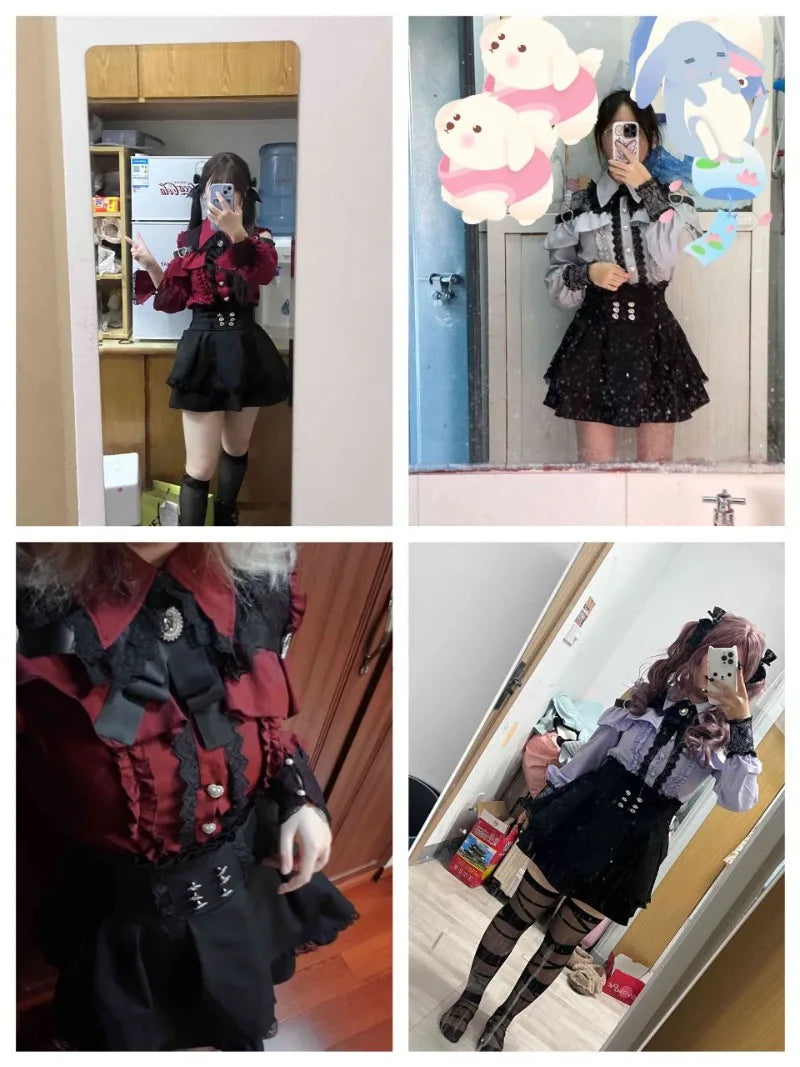 Women Y2k Aesthetic Lolita Style Bow Dress Shorts Set Japanese Gothic Lace Flare Sleeve Button Shirt Dress Punk Party Mini Dress