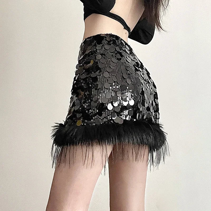 Sexy Mini Skirt Y2k Slim Women Clothing Feather Streetwear Sequined A-Line Faldones Para Mujer High Waist Casual Fashion Outfits