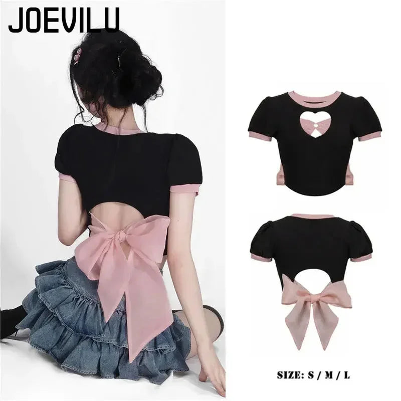 Y2k Skirt Set Bow Tie Love Hollow Out Crop Top Denim Ruffled Pleated Skirt 2 Piece Sets Women Summer Sexy Backless Outfits Suit