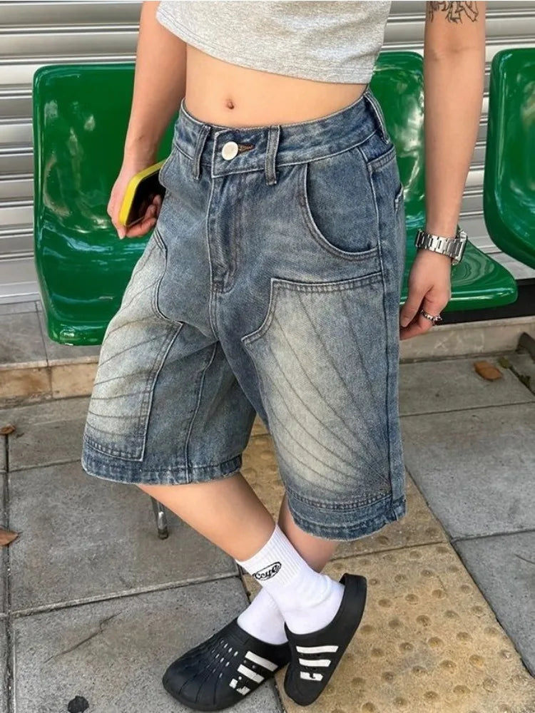 HOUZHOU Vintage Washed Y2k Jorts Women Streetwear Baggy Grunge Blue Denim Shorts Oversized Harajuku Aesthetic Knee Length Jeans