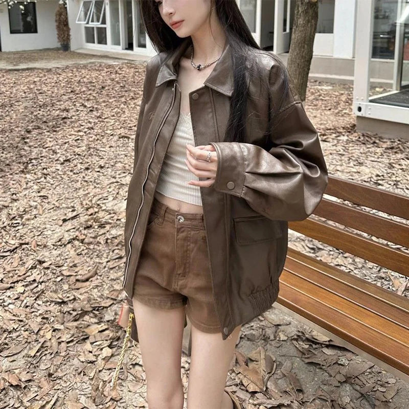 New American Retro Faux Leather Jacket Women Autumn Y2K Long Sleeve Pu Jackets Woman Stylish Loose Zipper Moto Biker Coats Mujer