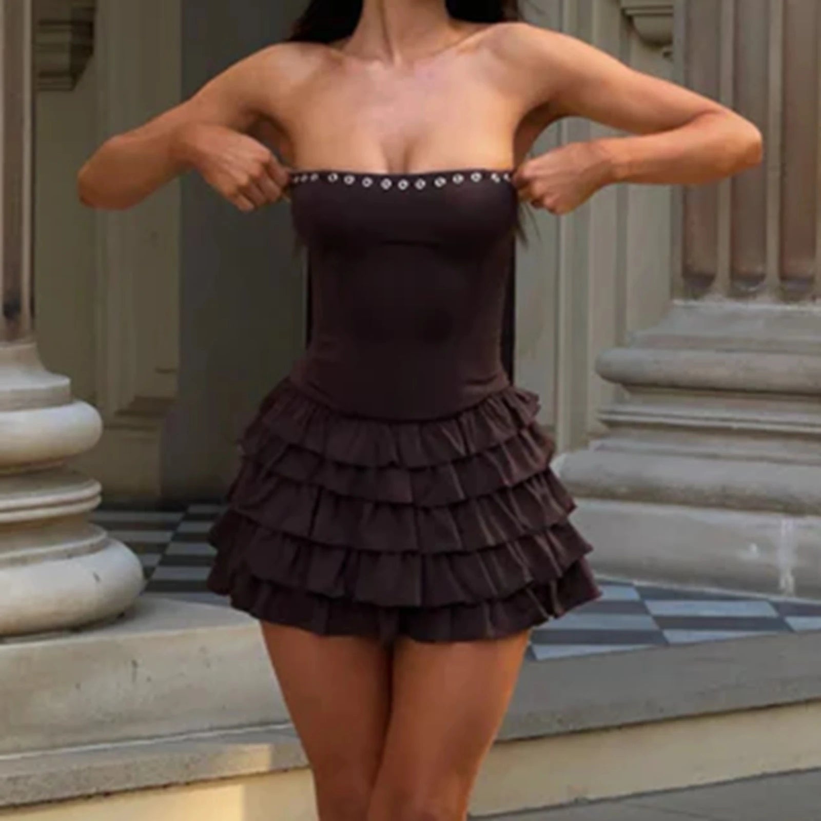 Y2K Monos De Mujer Elegant En Oferta Soild Strapless Puffy Ruffles Slim Fit Mini Dress Vestidos Curvas Grandes