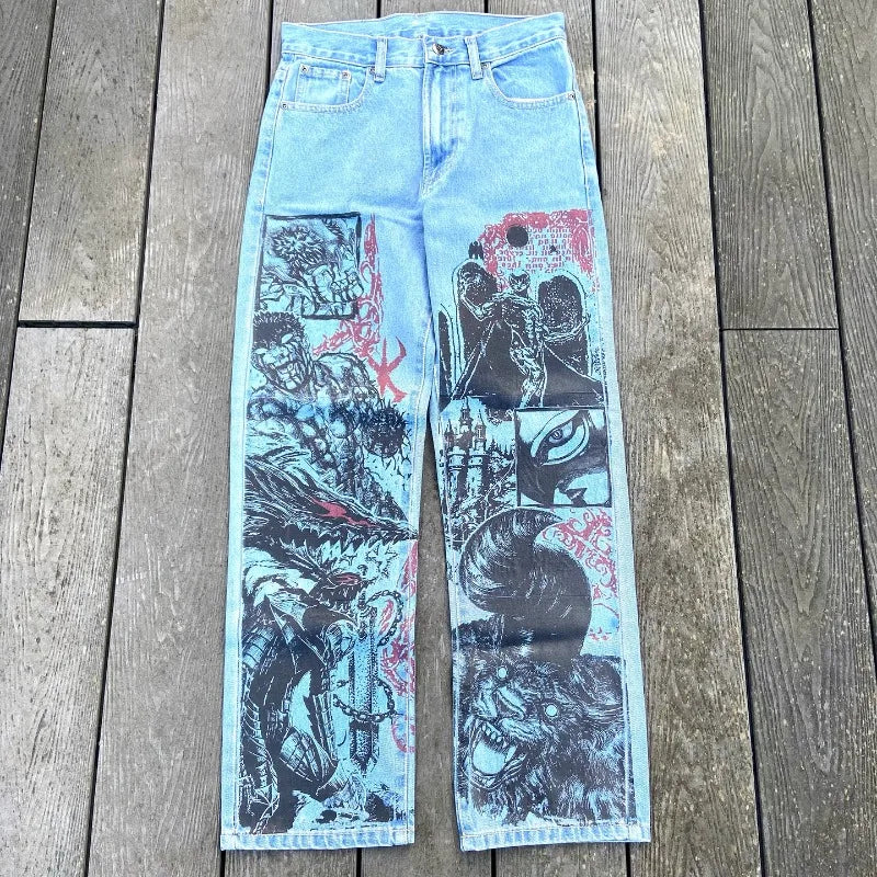 Y2k Anime Baggy Denim Trend Hand Drawn Printed Pattern New Men Women Pants Hip Hop Retro Harajuku Streetwear Unisex Casual Jeans