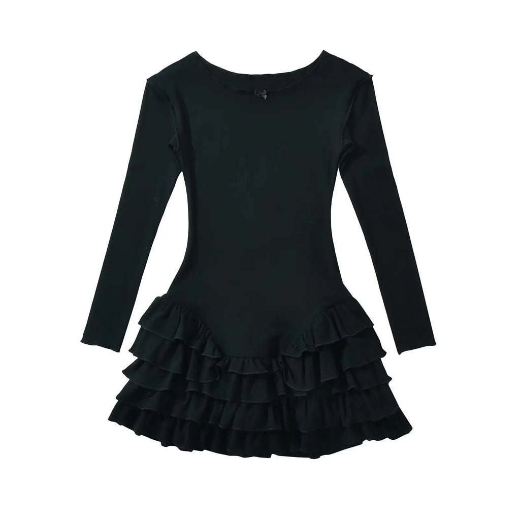 YENKYE Y2k Women Long Sleeve O Neck Ruffle Dresses Spring 2025 Basics Fashion Vestidos Mujer Spicy Girl Style Sexy Mini Dress