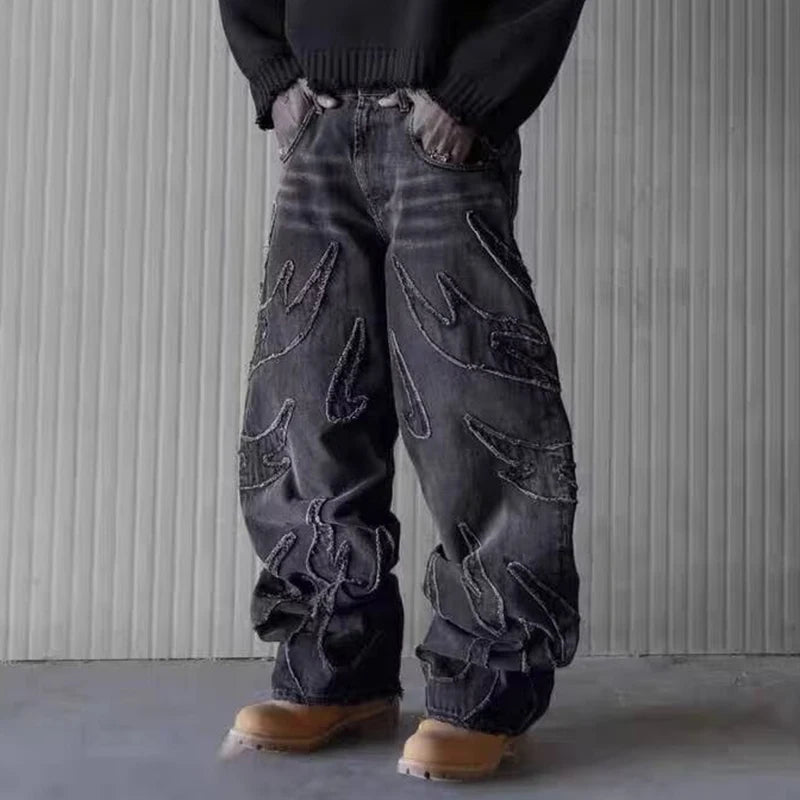 2025 Y2k Hip Hop Baggy Jeans Men's Street Fashion Raw Edge Embroidered Jeans Street Gothic Retro High Waisted Wide Leg Trousers