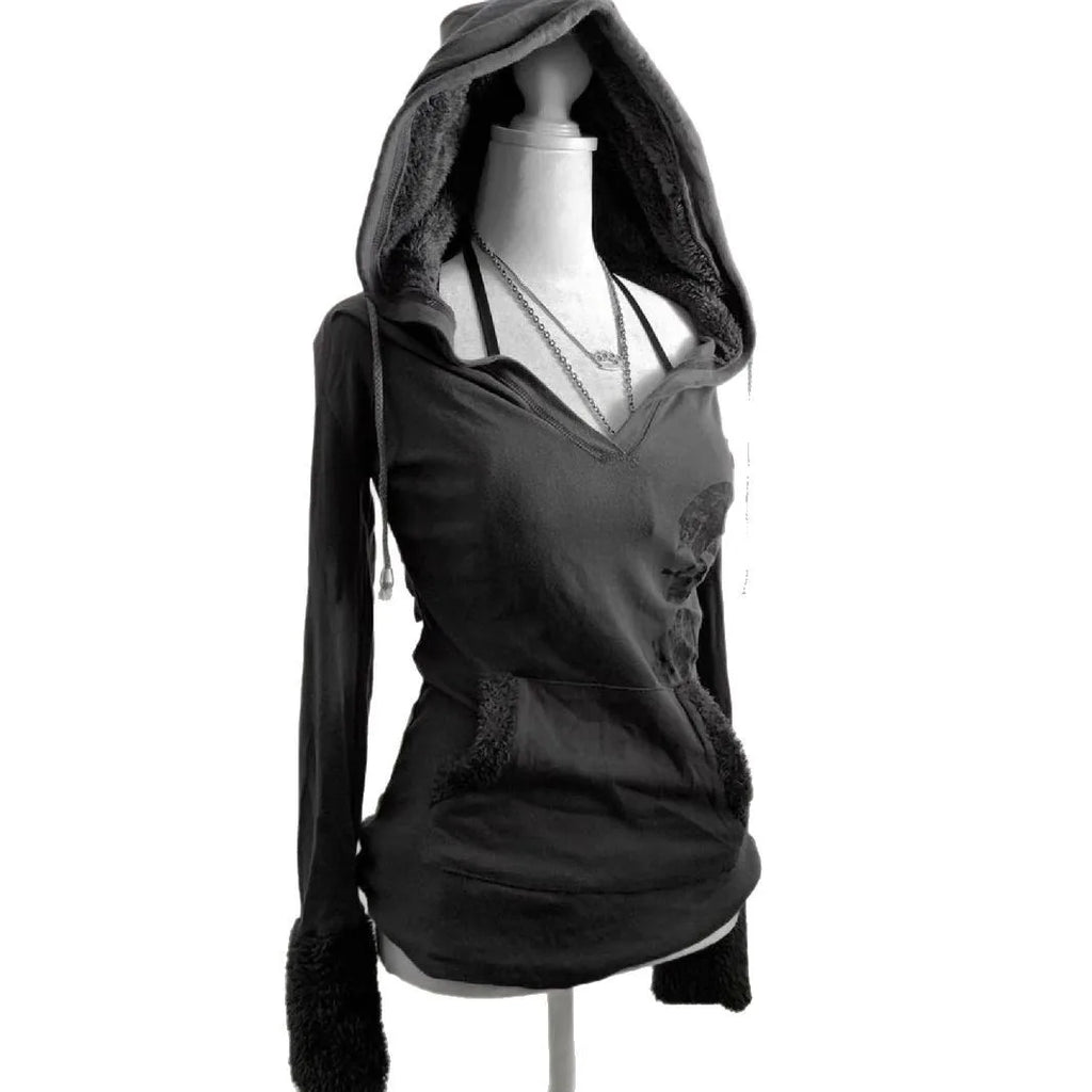 Y2k American retro hoodie, vintage hooded short sleeved fake emo, women's cut, front shoulder slim fit, two hoodies, women's ver