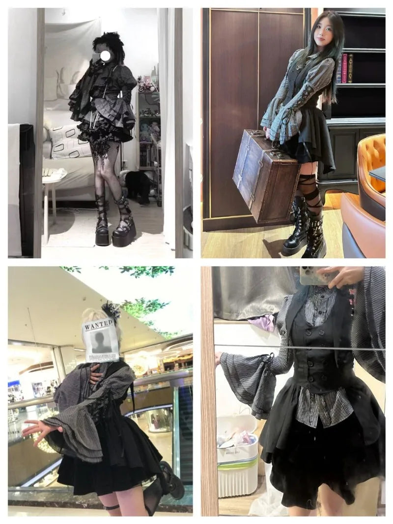 Women Y2k Aesthetic Lolita Style Bow Dress Shorts Set Japanese Gothic Lace Flare Sleeve Button Shirt Dress Punk Party Mini Dress