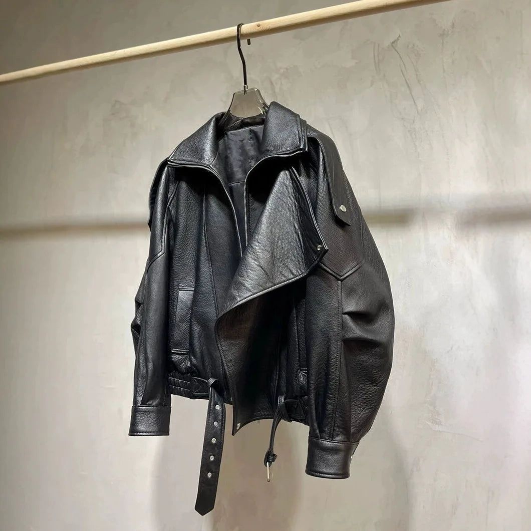 Women Jacket PU Leather Casual Short Punk Lace Up Turn Down Collar Long Sleeve Zipper Loose Y2k Street Wear British 2025 Winter