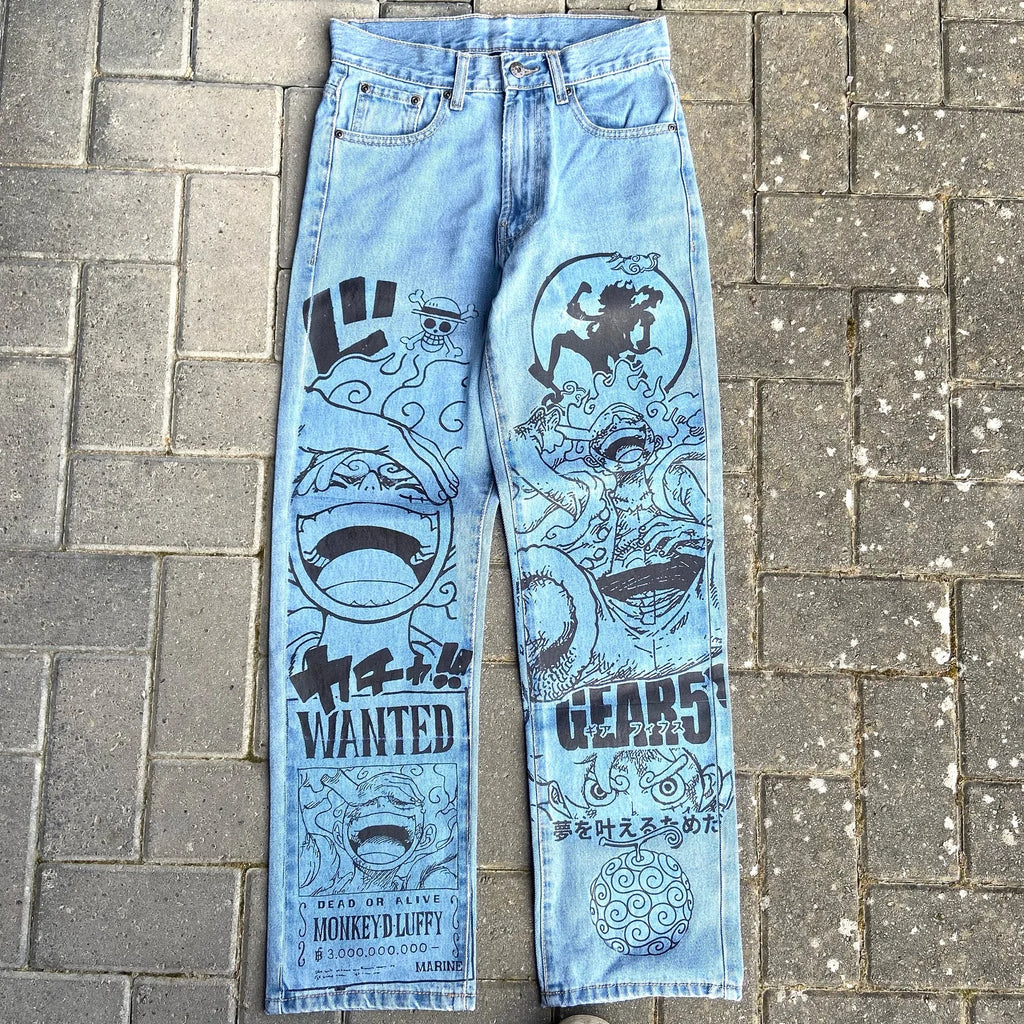 Y2k Anime Baggy Denim Trend Hand Drawn Printed Pattern New Men Women Pants Hip Hop Retro Harajuku Streetwear Unisex Casual Jeans