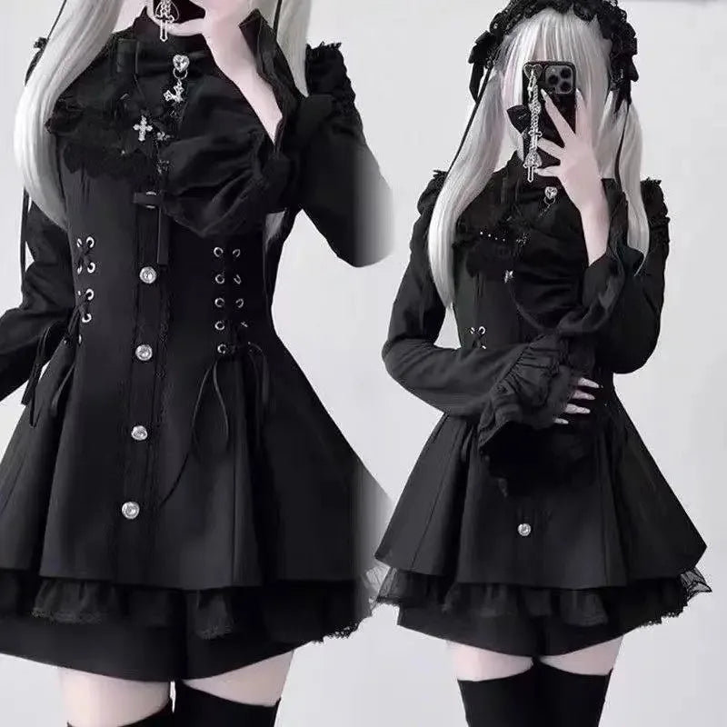 Women Y2k Aesthetic Lolita Style Bow Dress Shorts Set Japanese Gothic Lace Flare Sleeve Button Shirt Dress Punk Party Mini Dress