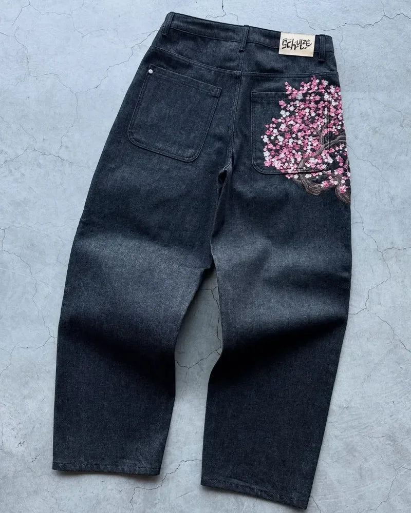Y2K Baggy Jeans Harajuku vintage cherry blossom Embroidery high quality jeans streetwear Hip Hop gothic men women wide leg jeans