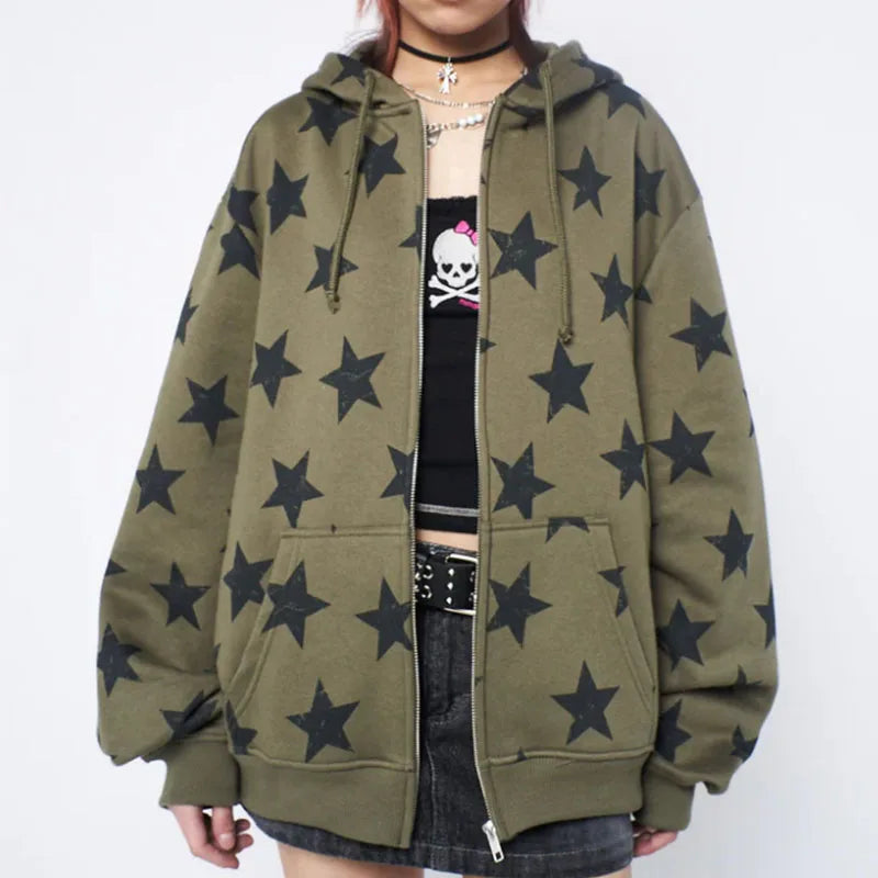 Y2k Vintage Gothic Women Hoodie Fashion Stars Print Zip Up Autumn Winter Hip Hop Long Sleeve Jacket Coat Loose Hooded Sweatshirt