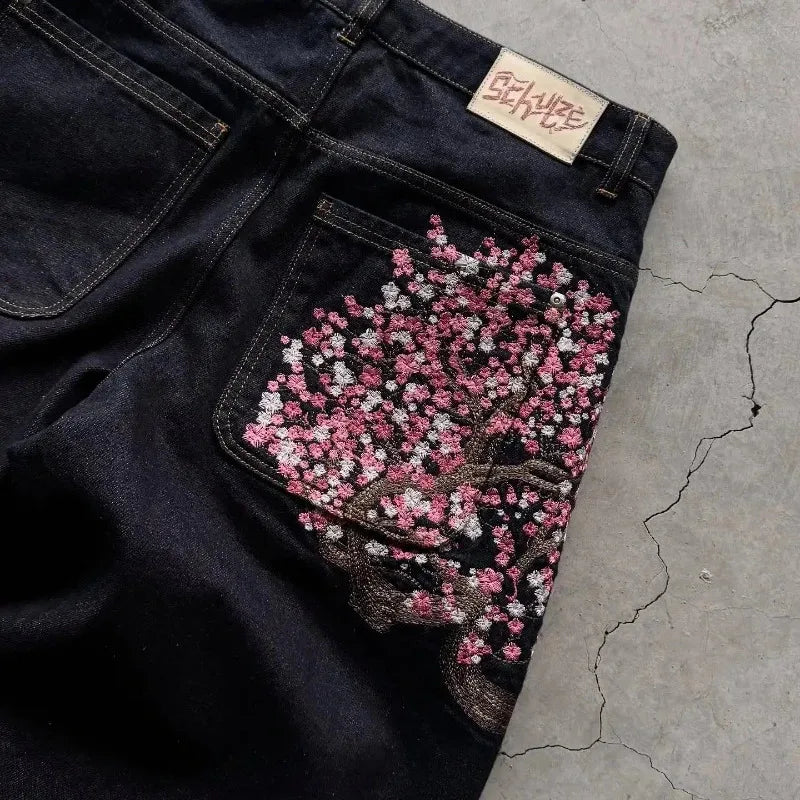 2025 New Y2K Baggy jeans Cherry Blossom Selvedge Embroidery Denim Pants men women denim fabric American Hiphop Streetwear W★★★★