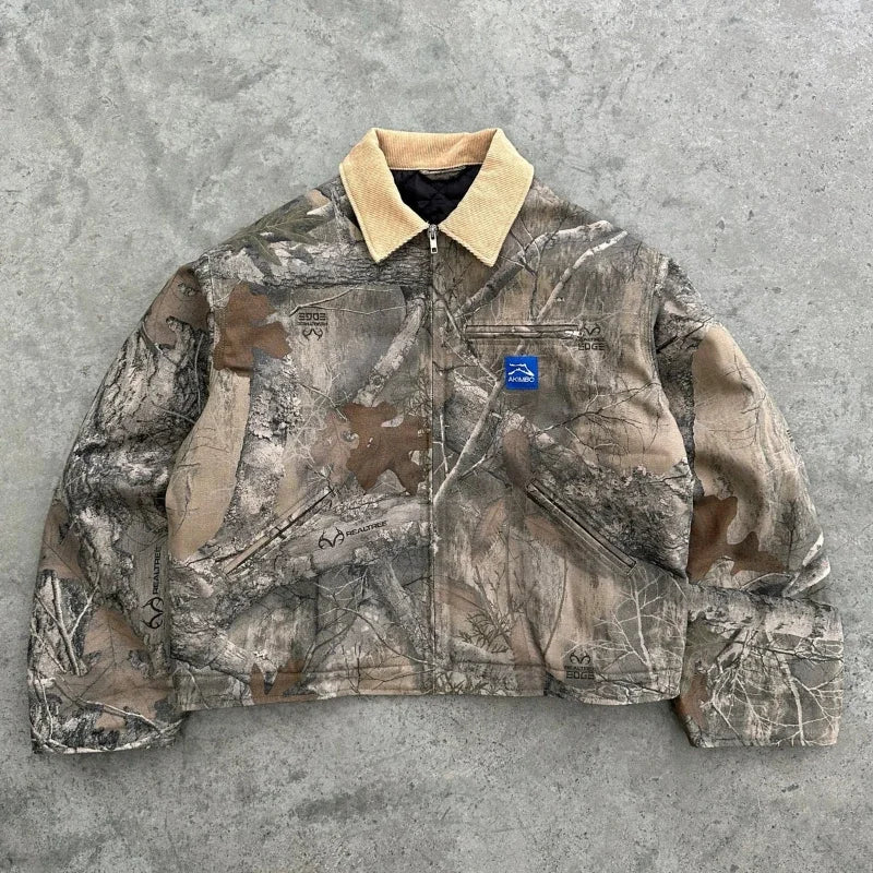 Y2K vintage camouflage men jacket American style street casualwear V neck polo top fashion pattern men women sweatshirt Jacket