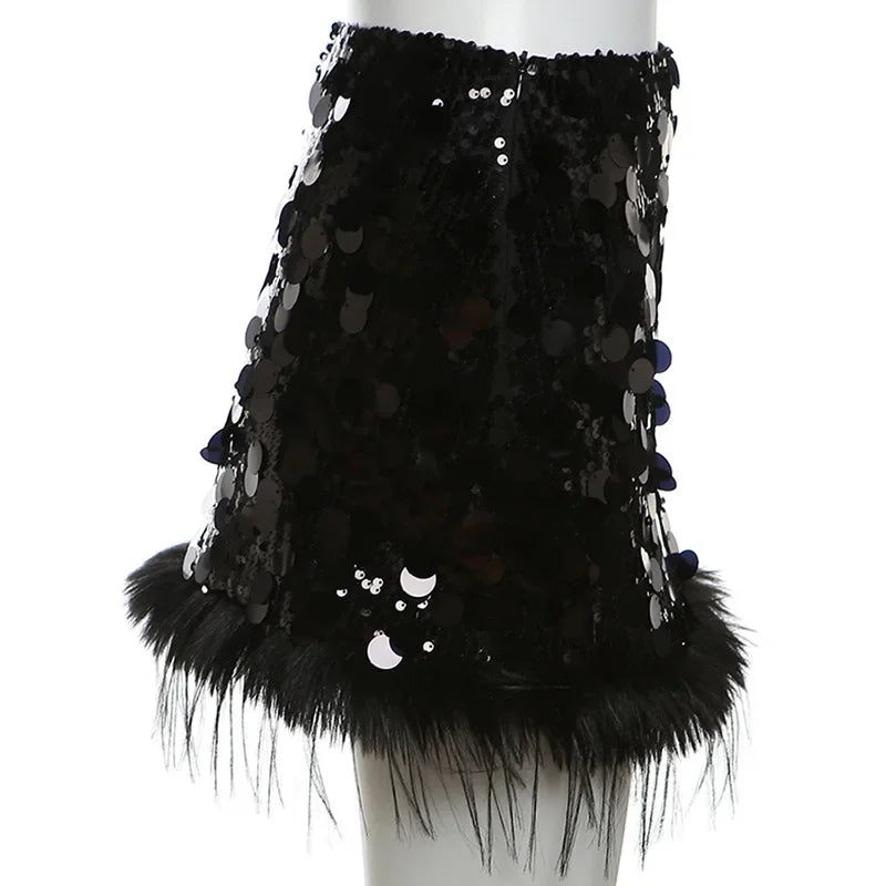 Sexy Mini Skirt Y2k Slim Women Clothing Feather Streetwear Sequined A-Line Faldones Para Mujer High Waist Casual Fashion Outfits