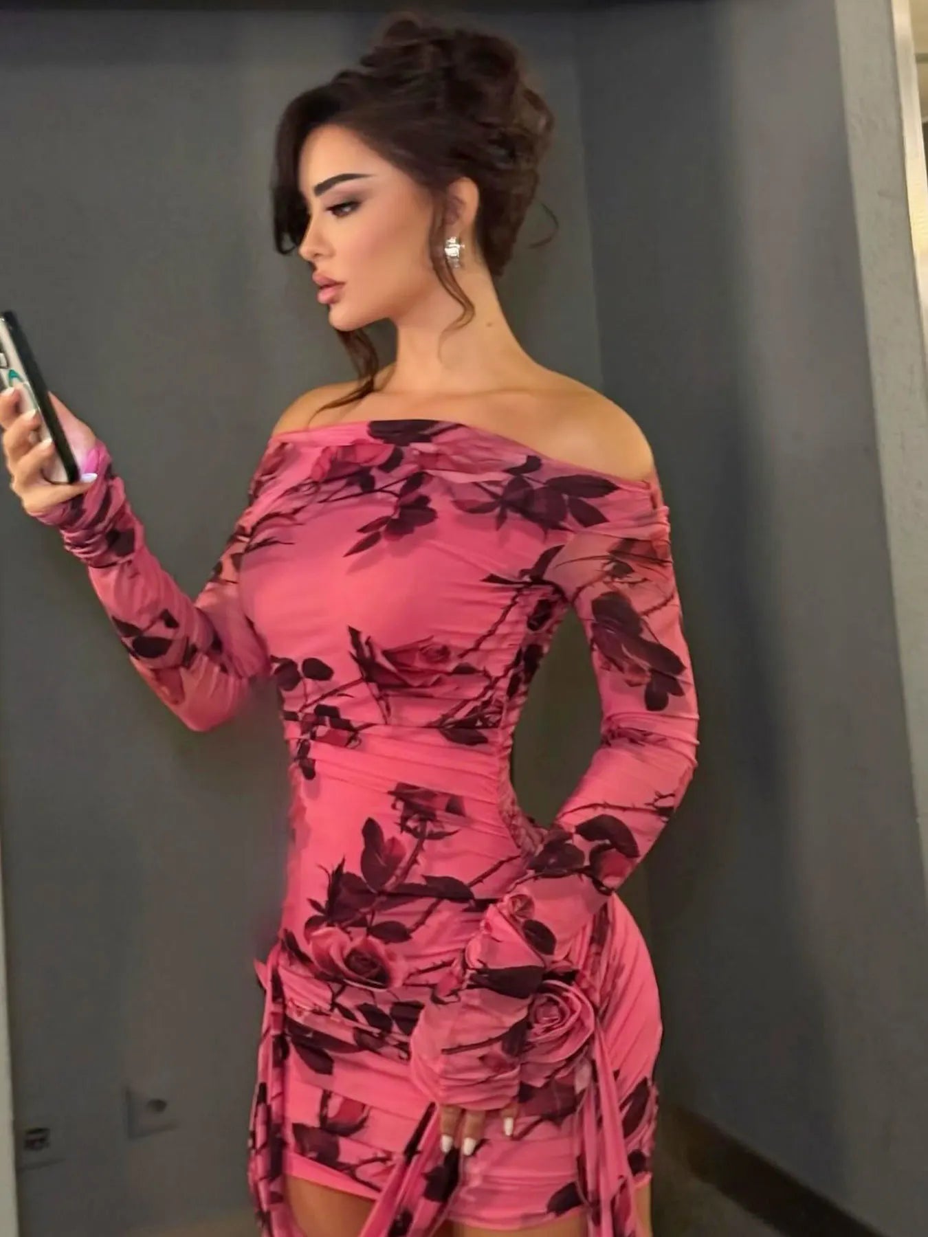 AODEBIAO Y2K Women Mini Dress Elegant Party Long Sleeves Autumn Print Folds Dresses Female Off-shoulder Casual Ribbon Slim Dress