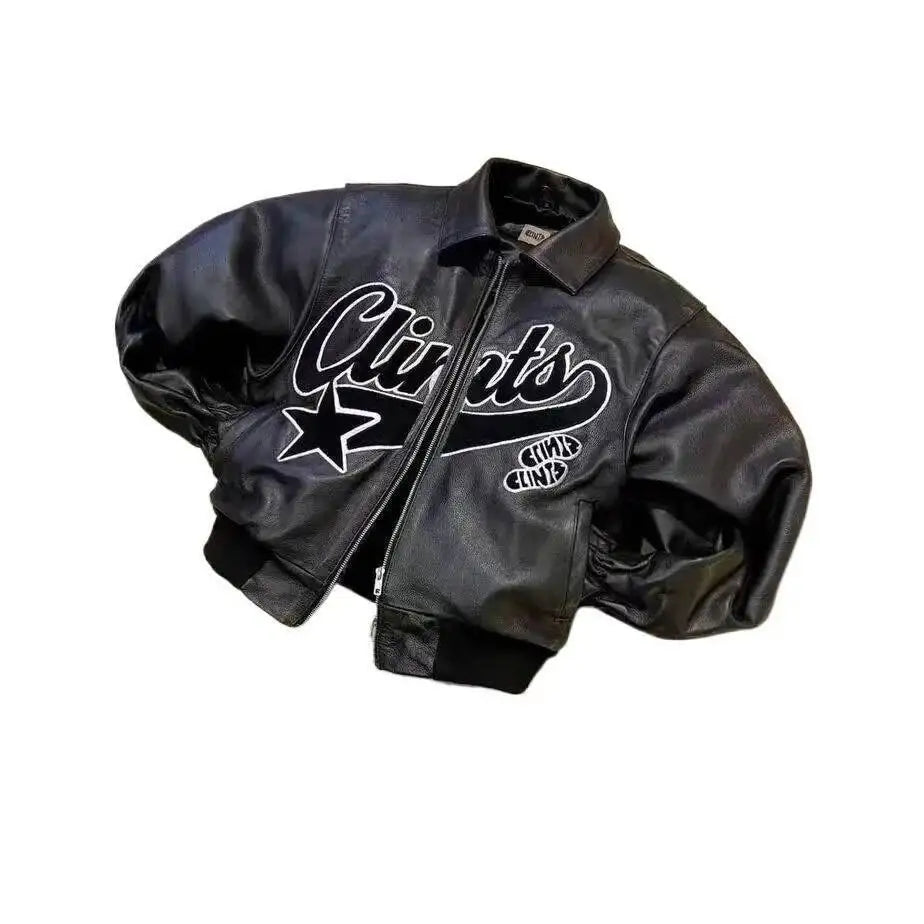 Y2k Jacket American Streetwear Trend PU Leather Jacket Black Thick Loose Zipper Jacket For Men