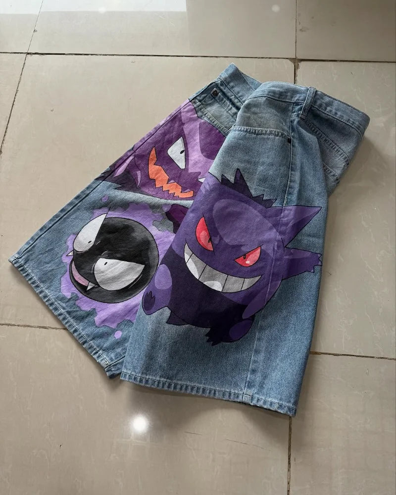 y2k Punk retro men and women jeans Fashion new streetwear quarter pants Goth Harajuku hip hop cartoon print casual loose shorts