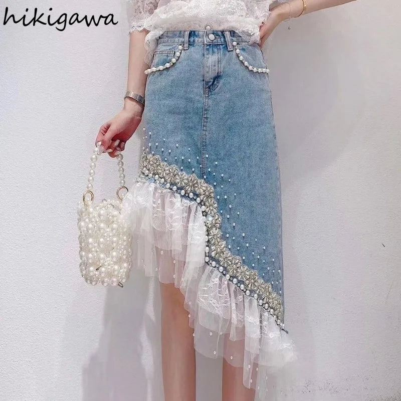 Denim Skirt Women Patchwork Lace Sweet Jupe 2025 Faldas Mujer De Moda Fashion Irregular Beading Summer Saia Bodycon Y2k Skirts