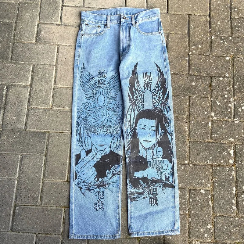Y2k Anime Baggy Denim Trend Hand Drawn Printed Pattern New Men Women Pants Hip Hop Retro Harajuku Streetwear Unisex Casual Jeans