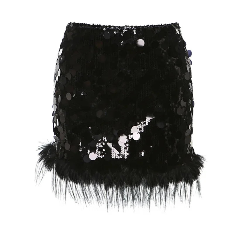 Sexy Mini Skirt Y2k Slim Women Clothing Feather Streetwear Sequined A-Line Faldones Para Mujer High Waist Casual Fashion Outfits