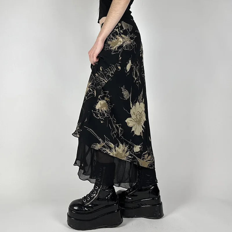 Y2K Double Layer Mesh A-line Skirt Women Fashion Florals Print Slim Skirts Fairy Streetwear Gothic Bottomsprint Print Mesh Skirt