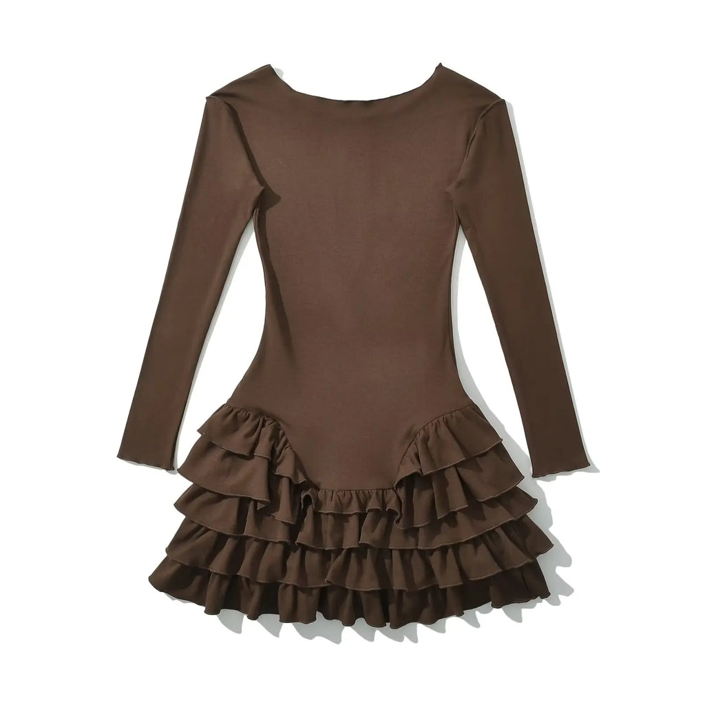 YENKYE Y2k Women Long Sleeve O Neck Ruffle Dresses Spring 2025 Basics Fashion Vestidos Mujer Spicy Girl Style Sexy Mini Dress