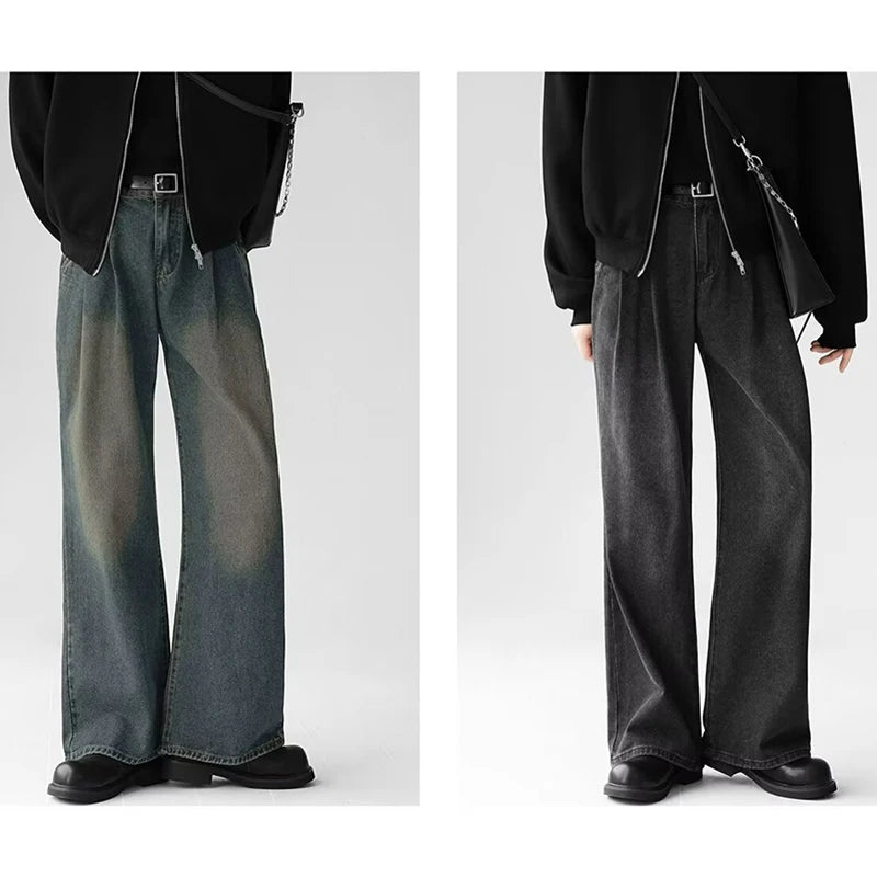 Korean Popular Baggy Jeans Men Y2k Pants Washed Vintage Straight Wide-Leg Pants Hip Hop High Street Bell Bottoms Denim Trousers