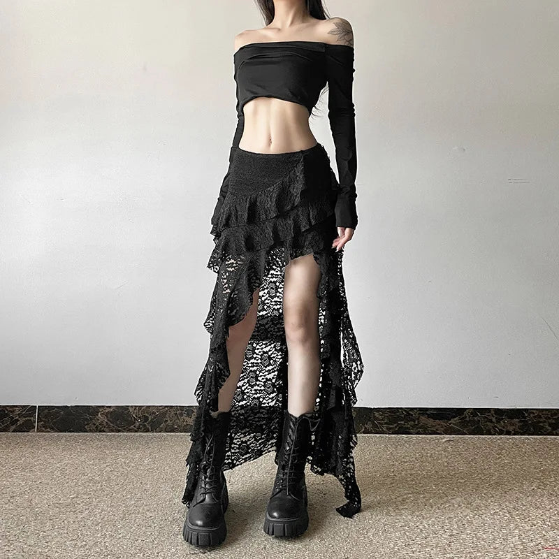 BKLD 2025 Autumn New Women Clothing Black Skirts Sexy High Waist Lace Ruffles Patchwork Irregular Y2k Skirts Party Clubwear