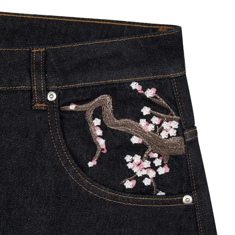2025 New Y2K Baggy jeans Cherry Blossom Selvedge Embroidery Denim Pants men women denim fabric American Hiphop Streetwear W★★★★