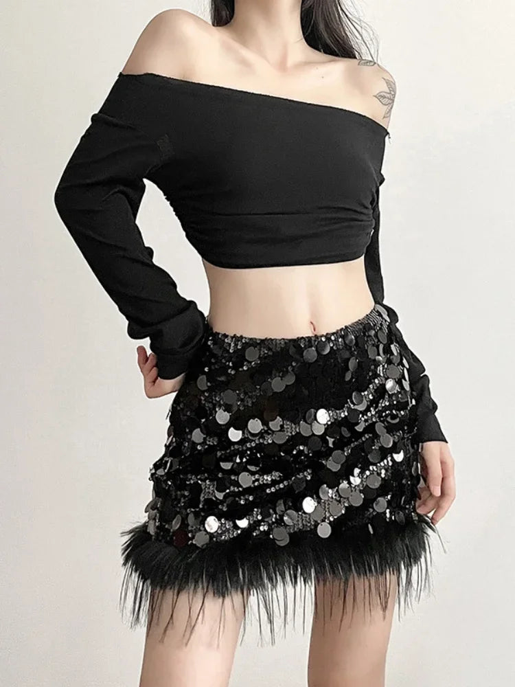 Sexy Mini Skirt Y2k Slim Women Clothing Feather Streetwear Sequined A-Line Faldones Para Mujer High Waist Casual Fashion Outfits