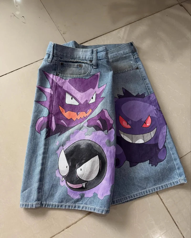 y2k Punk retro men and women jeans Fashion new streetwear quarter pants Goth Harajuku hip hop cartoon print casual loose shorts