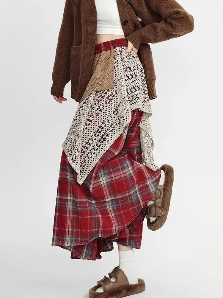 Y2k Skirts Women Clothing 2025 Faldas Mujer De Moda Contrast Color A-line Jupe Fashion Korean Saia Lace Plaid Casual Long Skirt