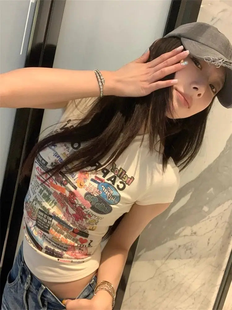 Y2K Women Printing T Shirts Summer Sexy Slim Short Sleeve Tops Female Fashion Gothic Streetwear Skinny Crop Tees New