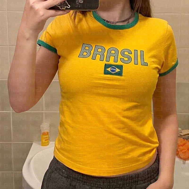 Y2k Women's T-shirt Embroidery Brazil Alphabet Print Baby Tee