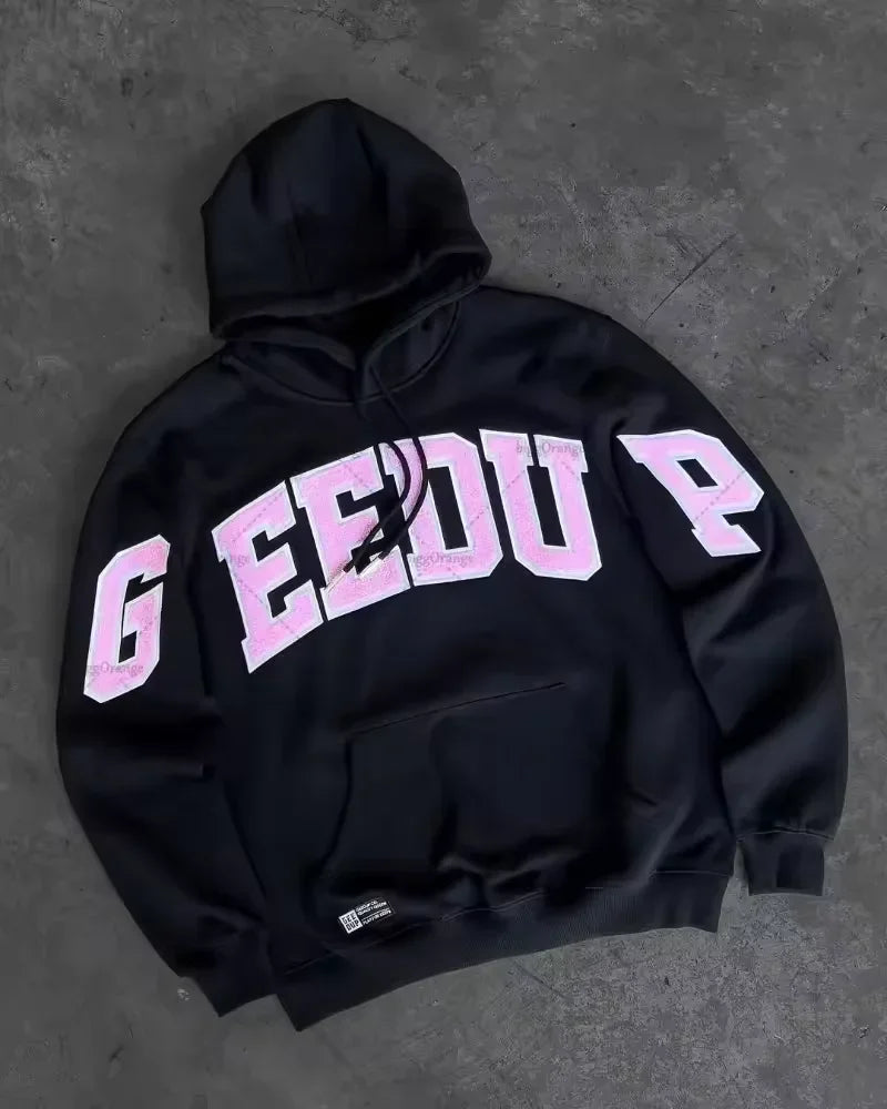 Y2K Style Hoodie with Pearl Details, Gothic Letter Print Zip-Up Hooded Sweatshirt