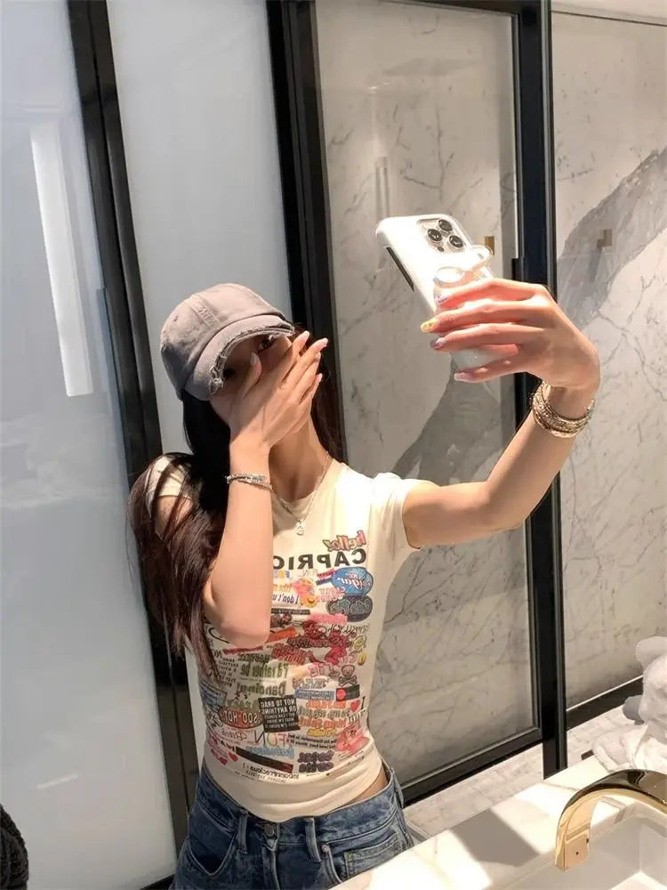 Y2K Women Printing T Shirts Summer Sexy Slim Short Sleeve Tops Female Fashion Gothic Streetwear Skinny Crop Tees New