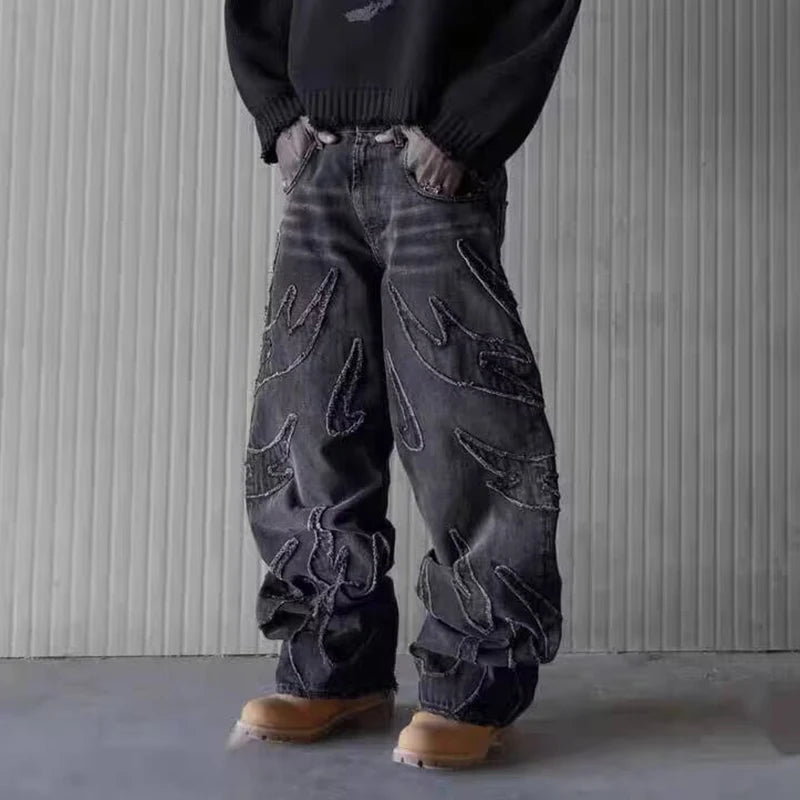 2025 Y2k Hip Hop Baggy Jeans Men's Street Fashion Raw Edge Embroidered Jeans Street Gothic Retro High Waisted Wide Leg Trousers