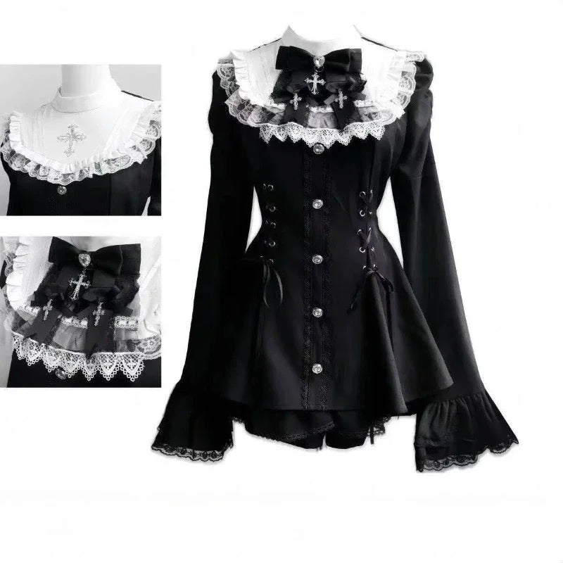 Women Y2k Aesthetic Lolita Style Bow Dress Shorts Set Japanese Gothic Lace Flare Sleeve Button Shirt Dress Punk Party Mini Dress